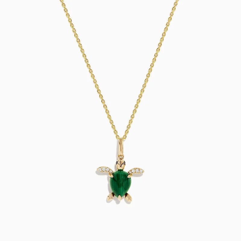 layered pendant necklace-Seaside 14K Yellow Gold Malachite and Diamond Turtle Pendant