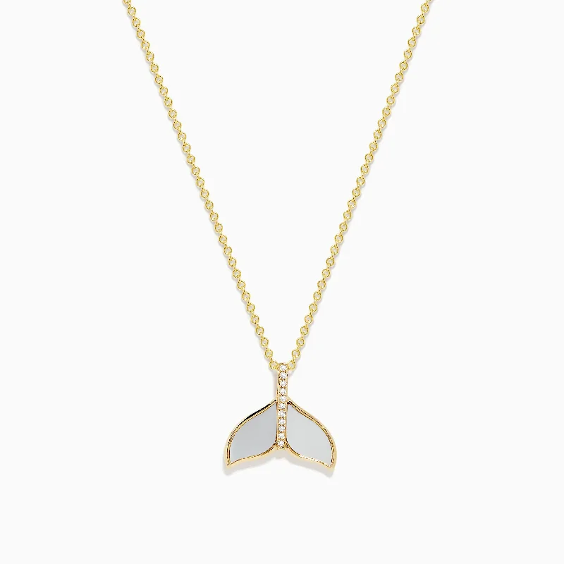 delicate chain necklace-Seaside 14K Yellow Gold Mother of Pearl & Diamond Whale Tail Pendant