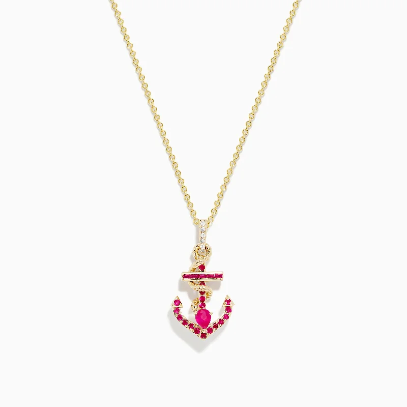 vintage pendant necklace-Seaside 14K Yellow Gold Ruby and Diamond Anchor Pendant