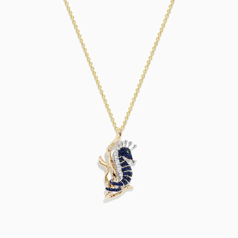 pearl choker necklace-Seaside 14K Yellow Gold Sapphire and Diamond Seahorse Pendant