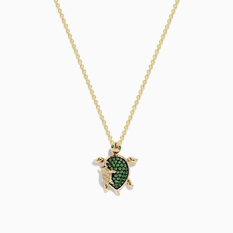 lucky charm necklace-Seaside 14K Yellow Gold Tsavorite and Diamond Turtle Pendant