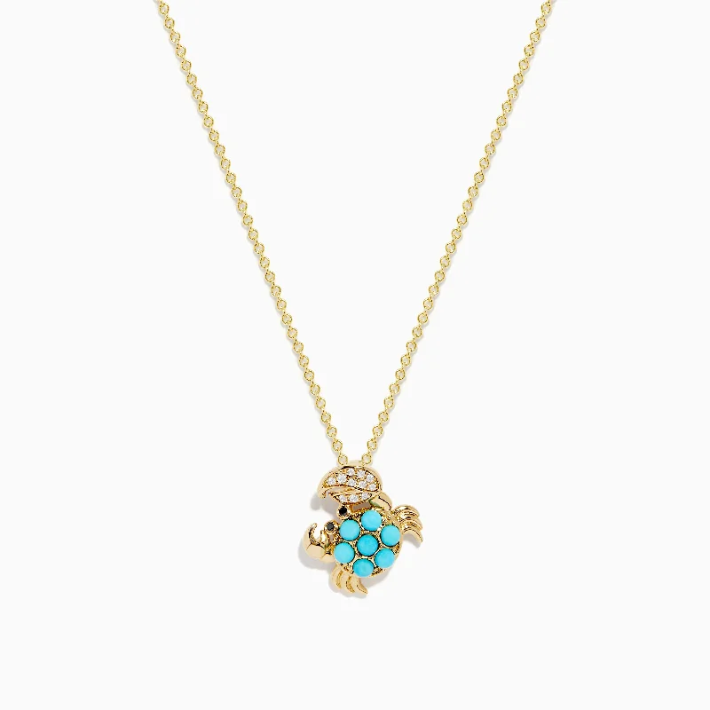 cute heart necklace-Seaside 14K Yellow Gold Turquoise and Diamond Crab Pendant