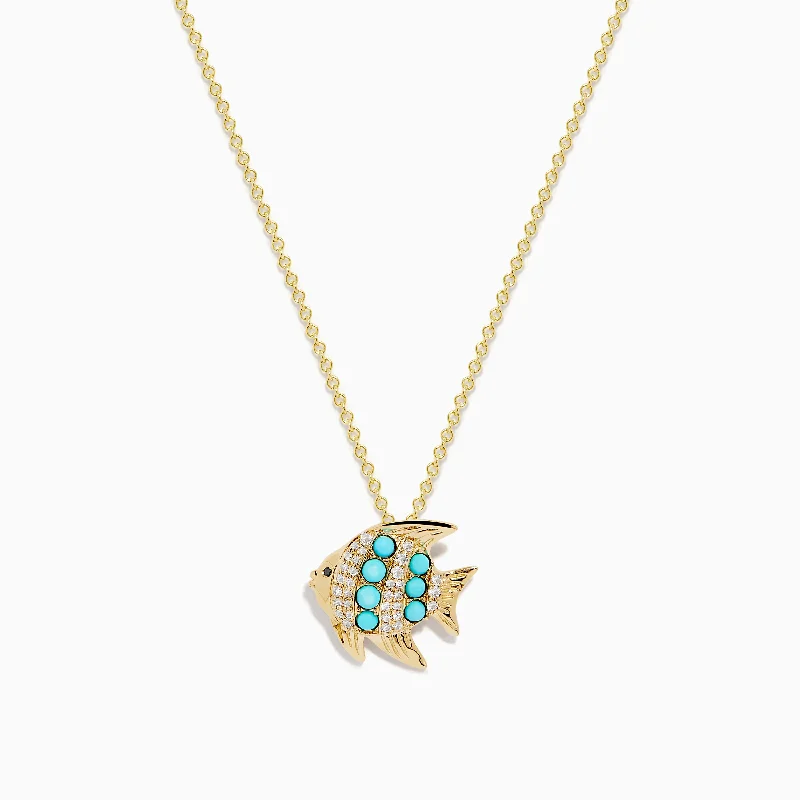 handmade beaded necklace-Seaside 14K Yellow Gold Turquoise and Diamond Fish Pendant