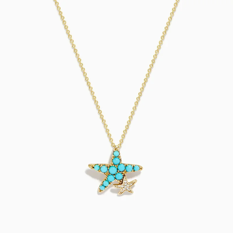 long silver necklace-Seaside 14K Yellow Gold Turquoise and Diamond Starfish Pendant