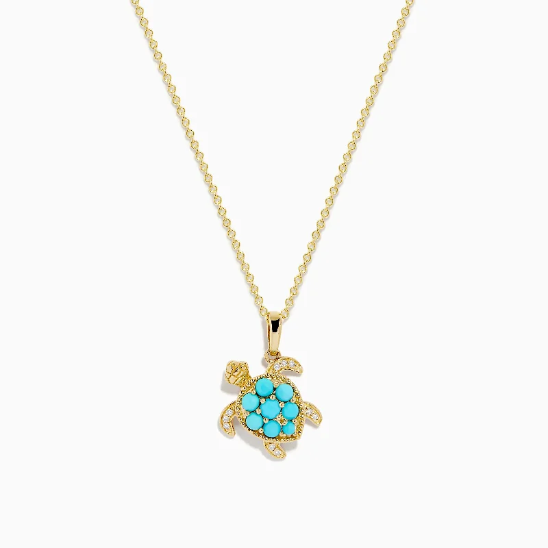 monogram necklace-Seaside 14K Yellow Gold Turquoise and Diamond Turtle Pendant