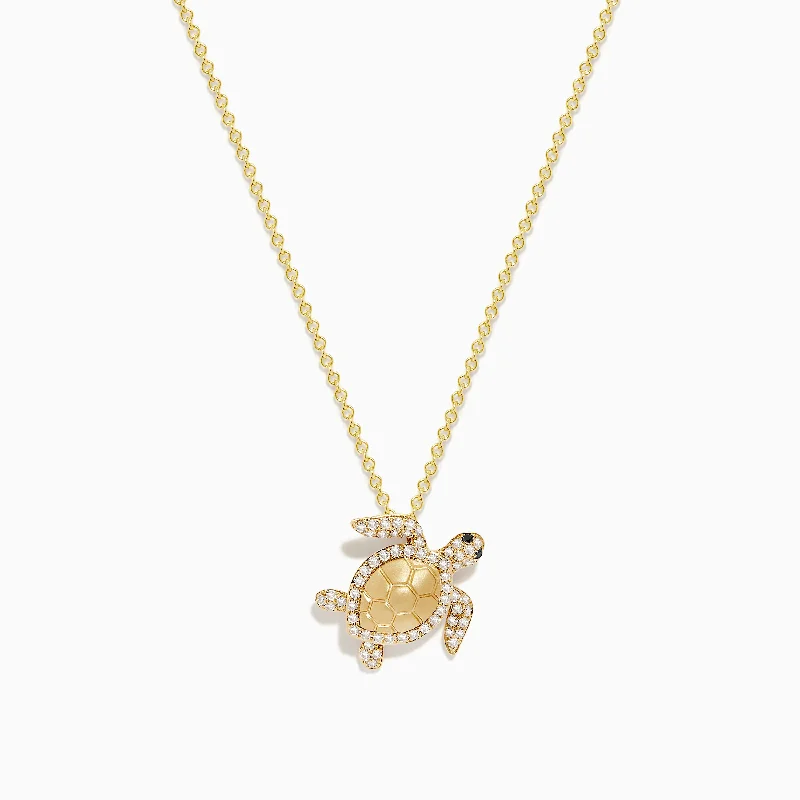 simple silver necklace-Seaside 14K Yellow Gold White and Black Diamond Turtle Pendant