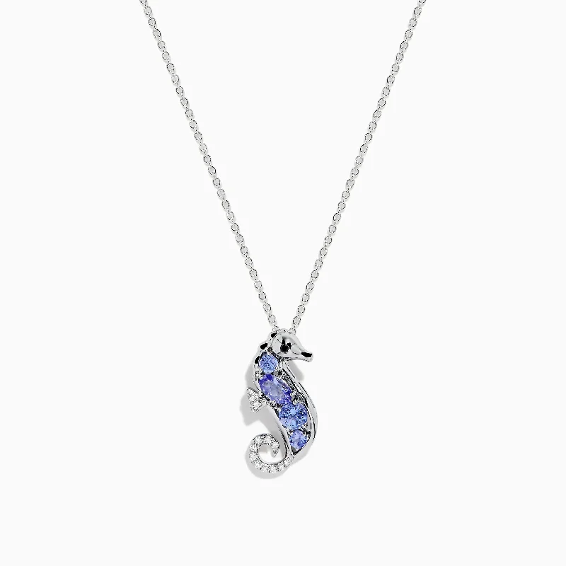 layered pendant necklace-Seaside 925 Sterling Silver Tanzanite and Diamond Seahorse Pendant