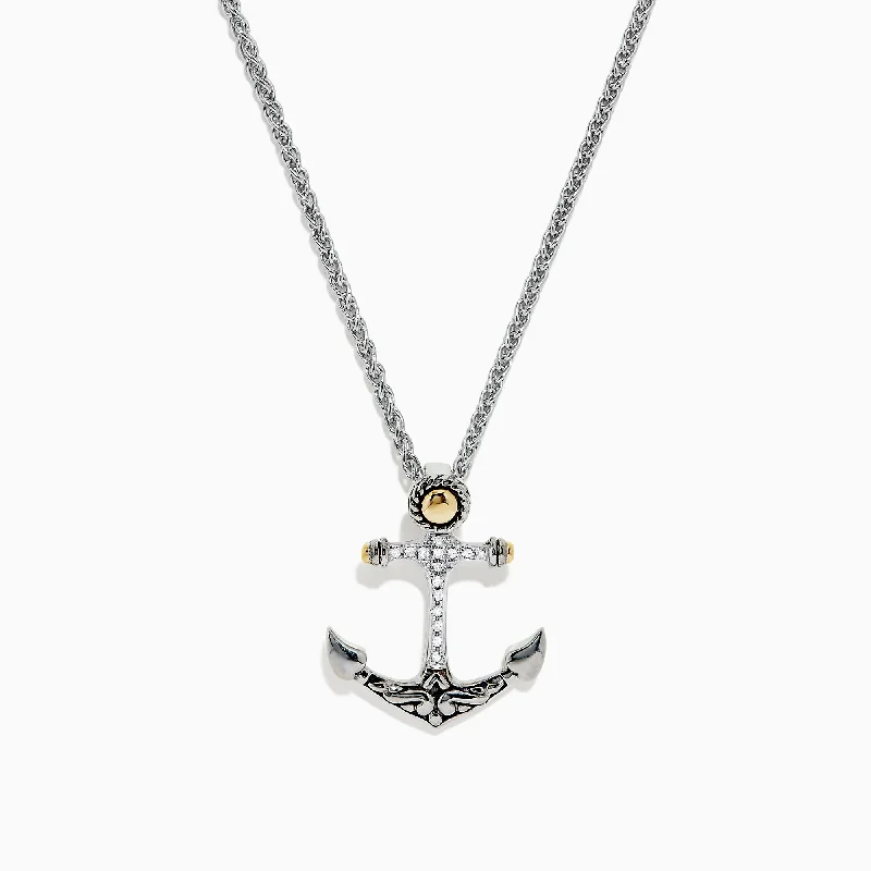 long pendant necklace-Seaside Sterling Silver & 18K Gold Diamond Anchor Pendant, 0.06 TCW