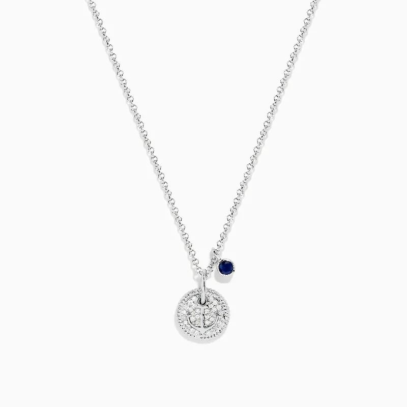 custom name necklace-Seaside Sterling Silver Sapphire and Diamond Anchor Necklace