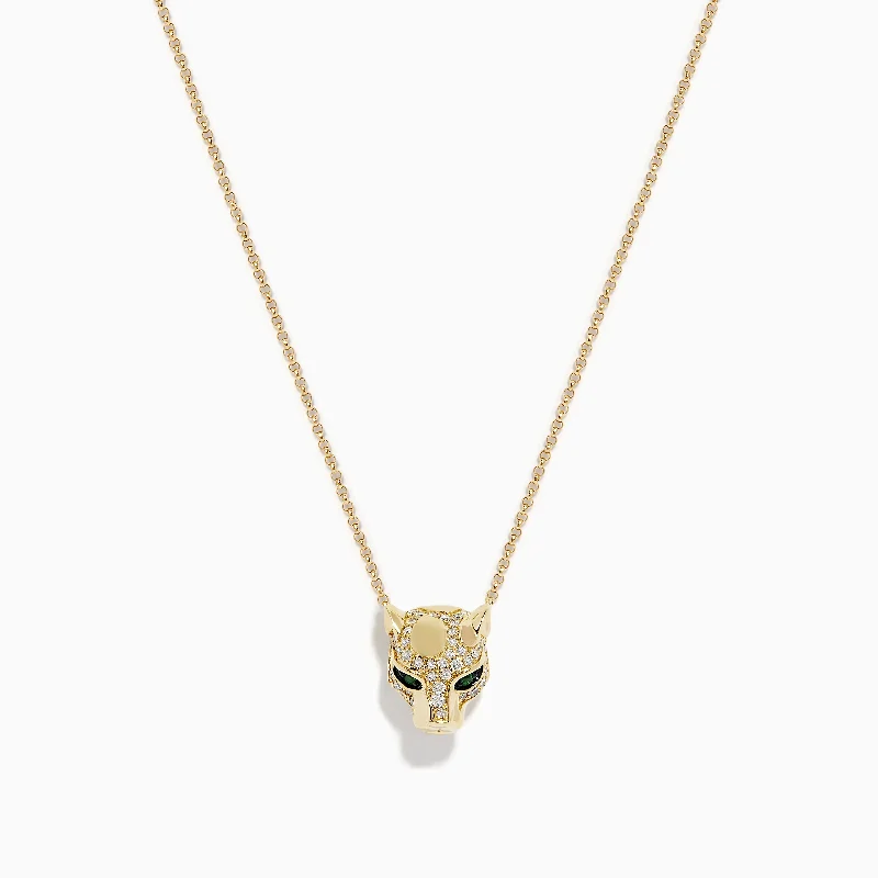 crystal pendant chain necklace-Signature 14K Gold Emerald and Diamond Panther Pendant, 0.27 TCW