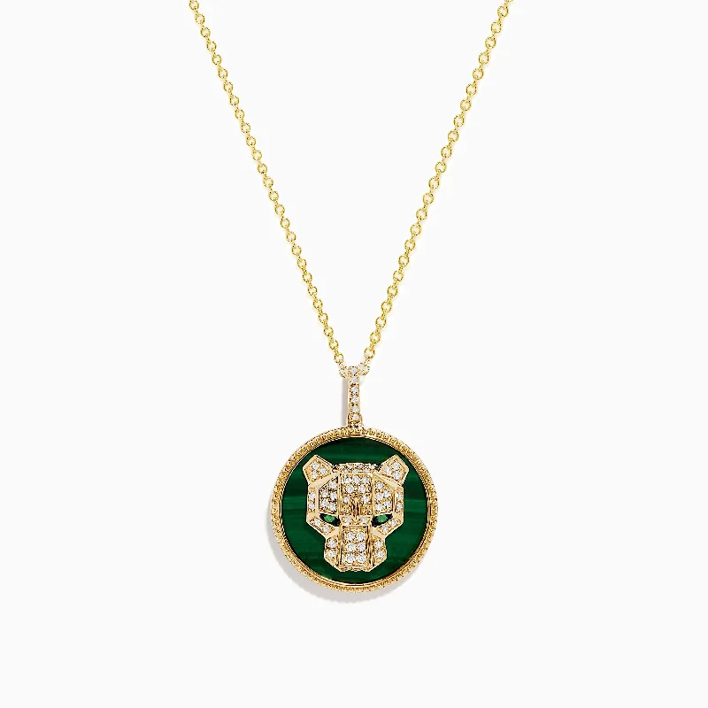 vintage pearl necklace-Signature 14K Gold Malachite, Diamond and Emerald Panther Pendant