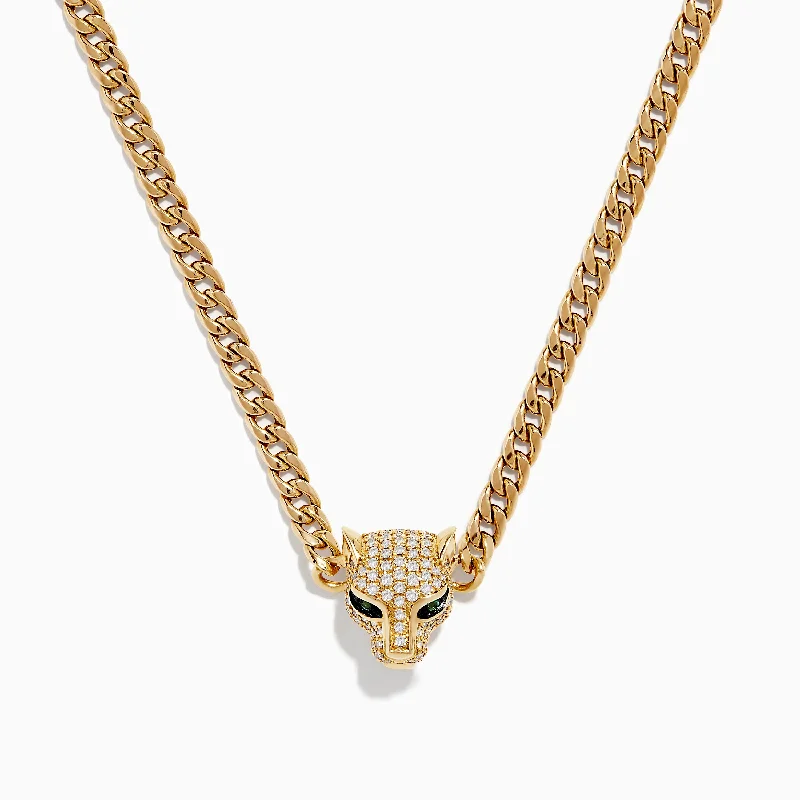 geometric chain necklace-Signature 14K Yellow Gold Diamond and Emerald Panther Necklace