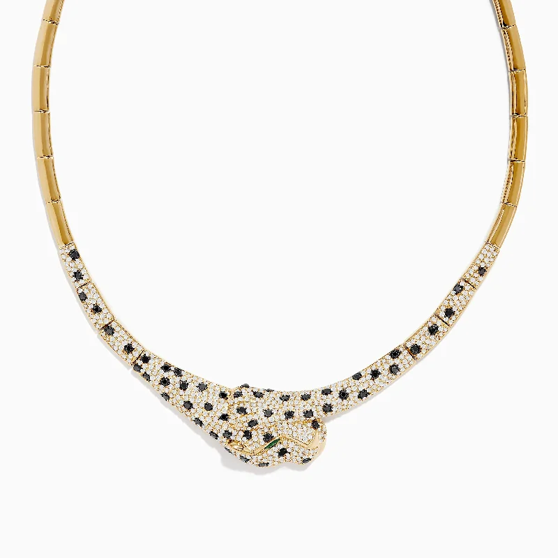 geometric chain necklace-Signature 14K Yellow Gold Emerald, Black and White Diamond Necklace