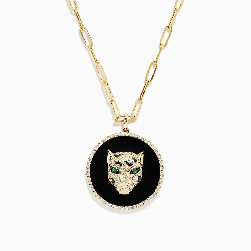 religious pendant necklace-Signature 14K Yellow Gold Onyx, Emerald and Diamond Coin Pendant