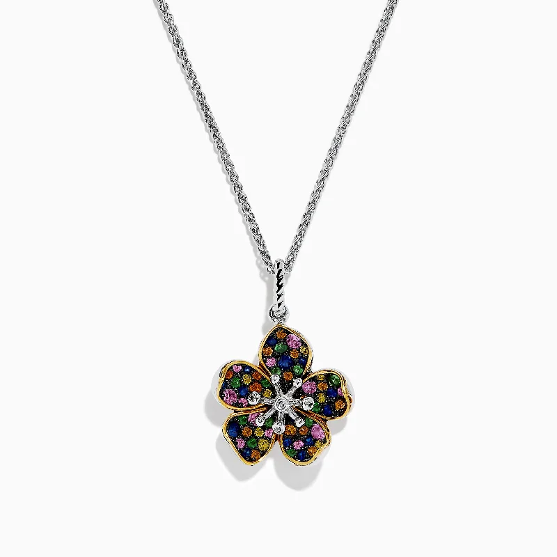 sterling silver pendant necklace-Splash Sterling Silver Diamond, Sapphires & Tsavorite Flower Necklace