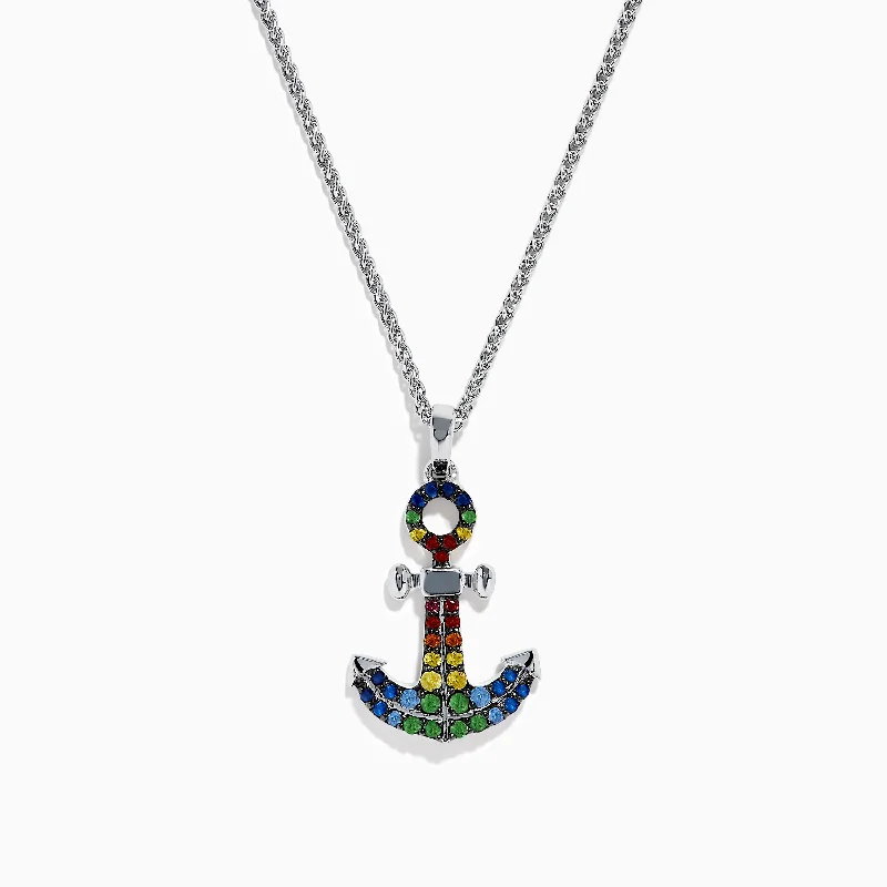 cubic zirconia necklace-Splash Sterling Silver Multi Sapphires Anchor Pendant