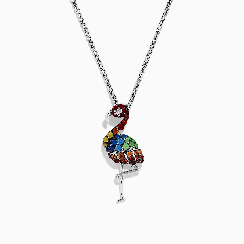 custom initials necklace-Splash Sterling Silver Multi Sapphires Flamingo Pendant