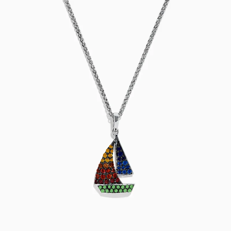 geometric gold necklace-Splash Sterling Silver Multi Sapphires Sailboat Pendant