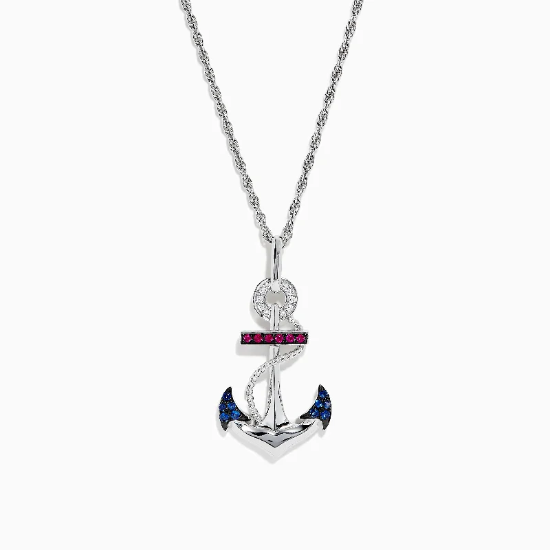 wedding anniversary necklace-Sterling Silver Sapphire, Ruby & Diamond Anchor Pendant, 0.20 TCW