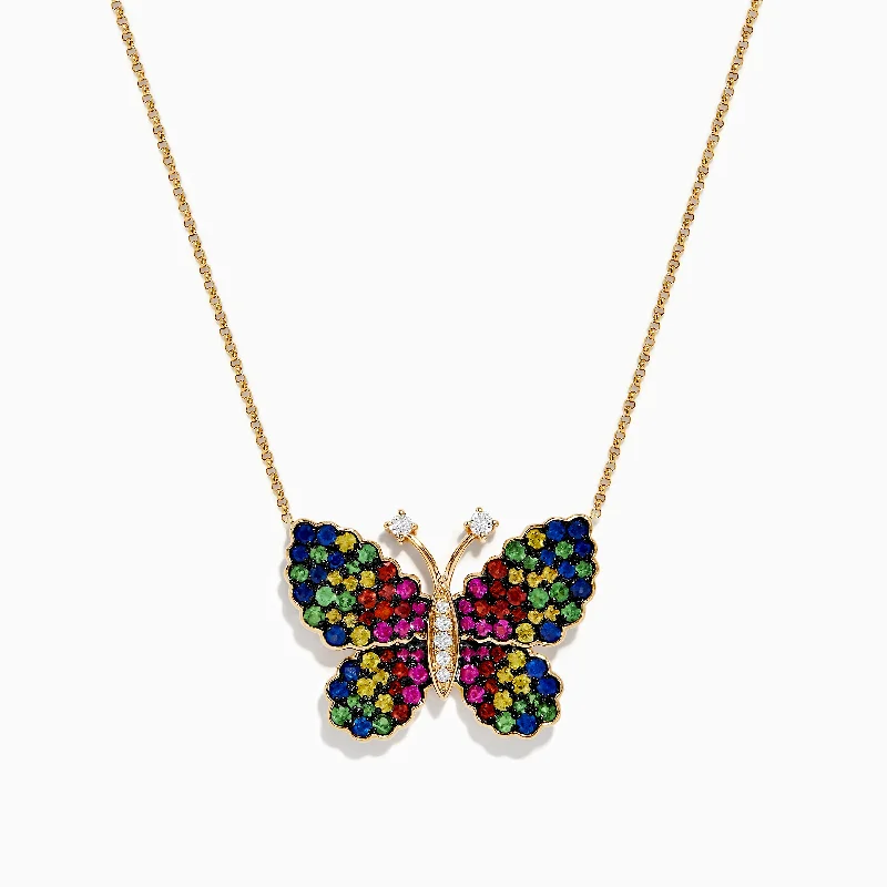 butterfly necklace for women-Watercolors 14 Karat Yellow Gold Multi Sapphire Butterfly Necklace