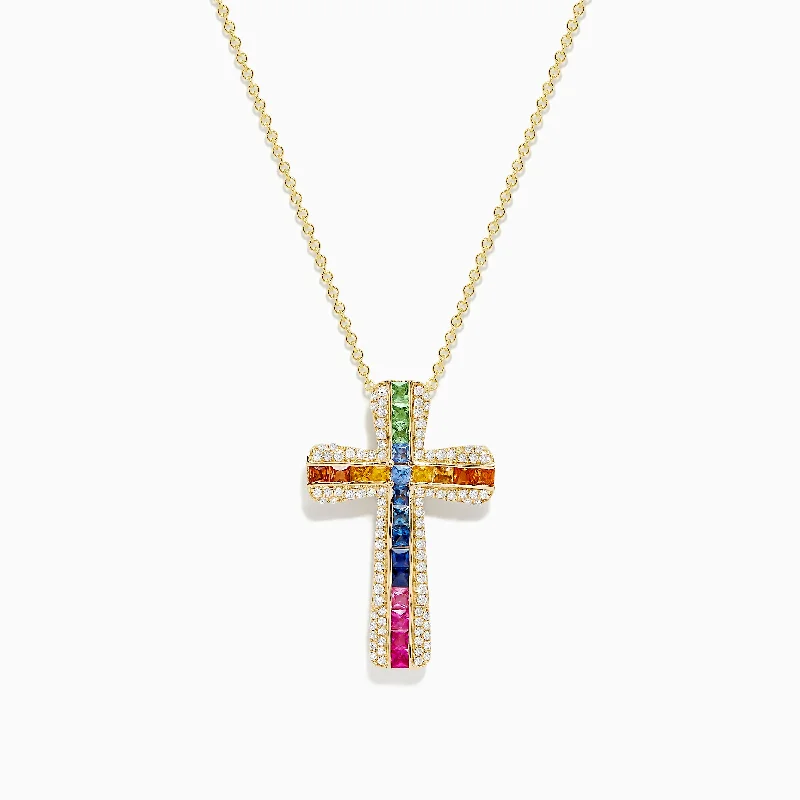 antique silver necklace-Watercolors 14K Gold Multi Sapphire and Diamond Cross Pendant