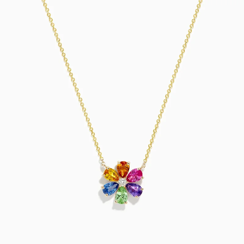 adjustable charm necklace-Watercolors 14K Gold Multi Sapphire and Diamond Flower Necklace