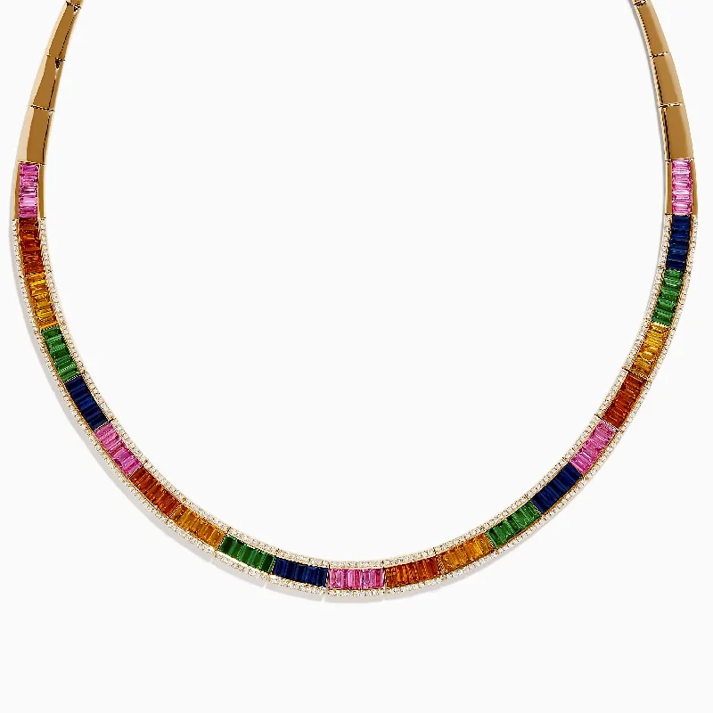 silver heart necklace-Watercolors 14K Gold Multi Sapphire and Diamond Necklace