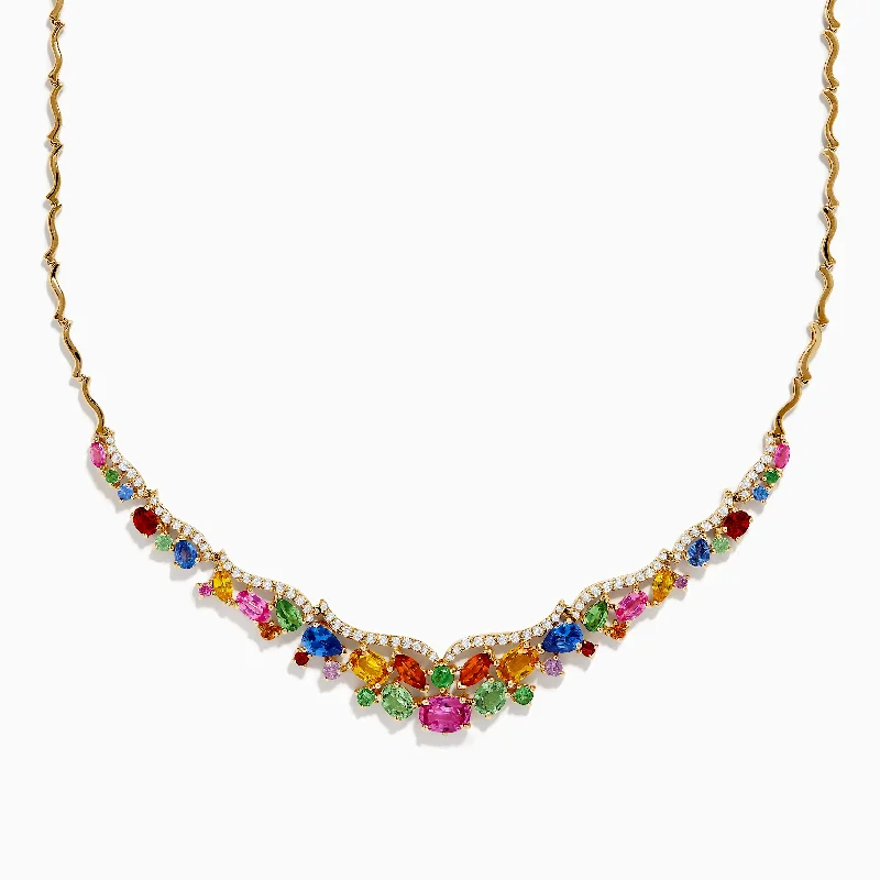 gemstone charm necklace-Watercolors 14K Gold Multi Sapphire and Diamond Necklace