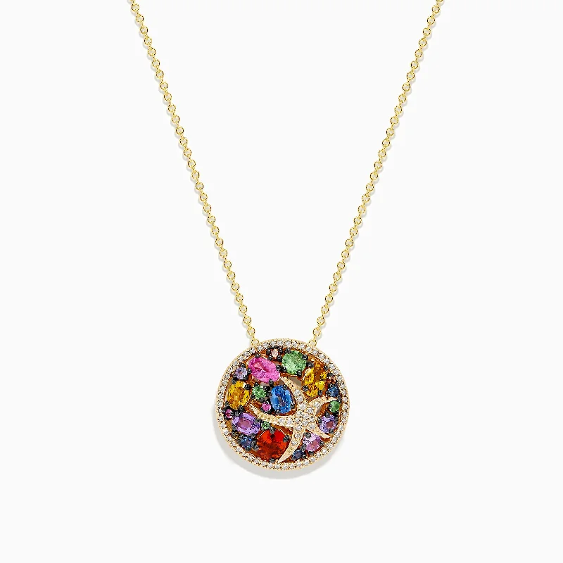 gold crystal necklace-Watercolors 14K Gold Multi Sapphire and Diamond Starfish Pendant