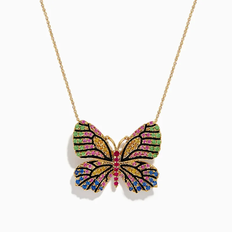 dainty necklace for women-Watercolors 14K Gold Ruby and Multi Sapphire Butterfly Pendant