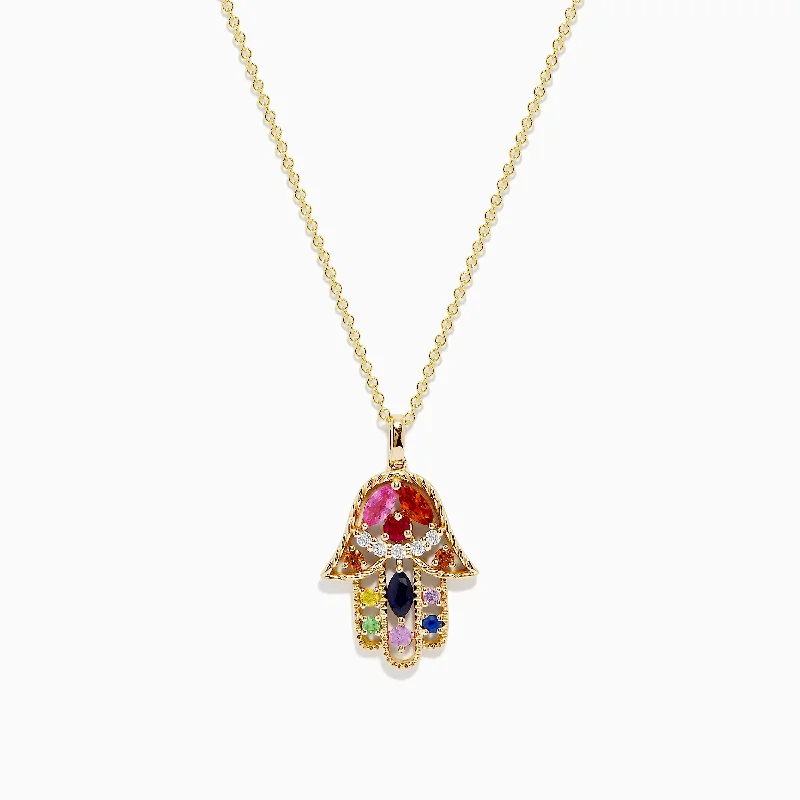 square pendant necklace-Watercolors 14K Multi Sapphire and Diamond Hamsa Pendant