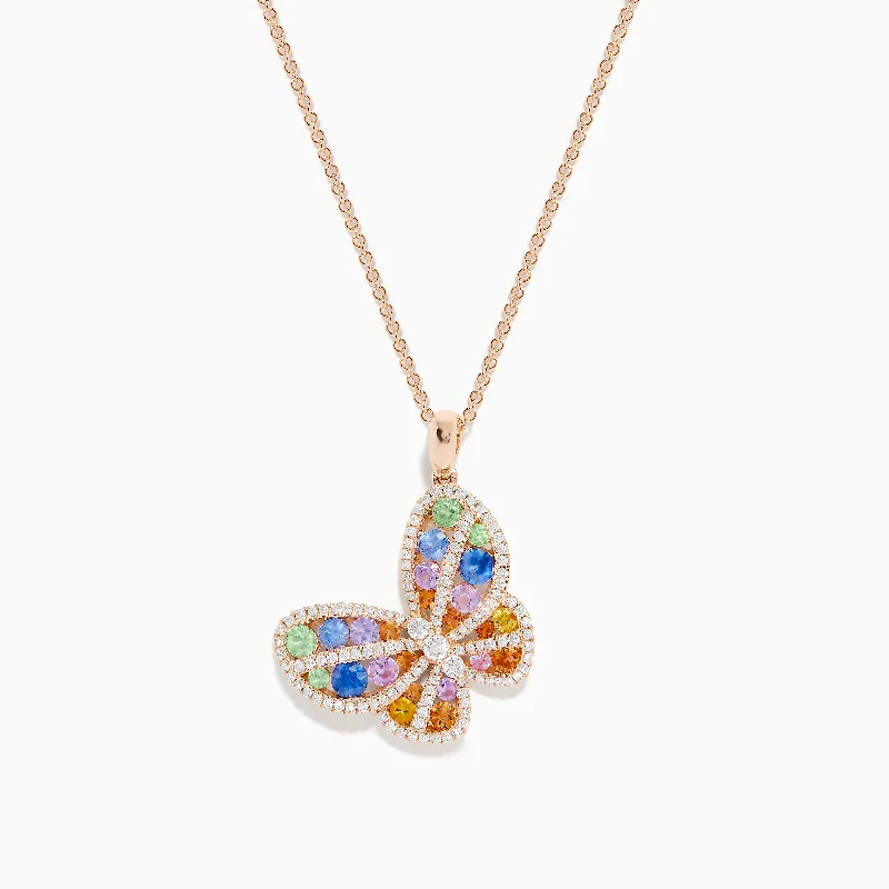 birthstone crystal necklace-Watercolors 14K Rose Gold Multi Sapphire and Diamond Butterfly Pendant