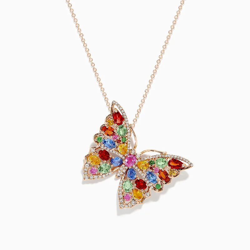 diamond choker necklace-Watercolors 14K Rose Gold Multi Sapphire and Diamond Butterfly Pendant