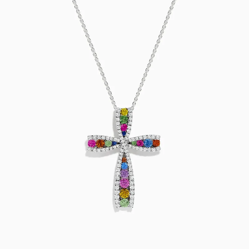 custom diamond necklace-Watercolors 14K White Gold Multi Sapphire and Diamond Cross Pendant