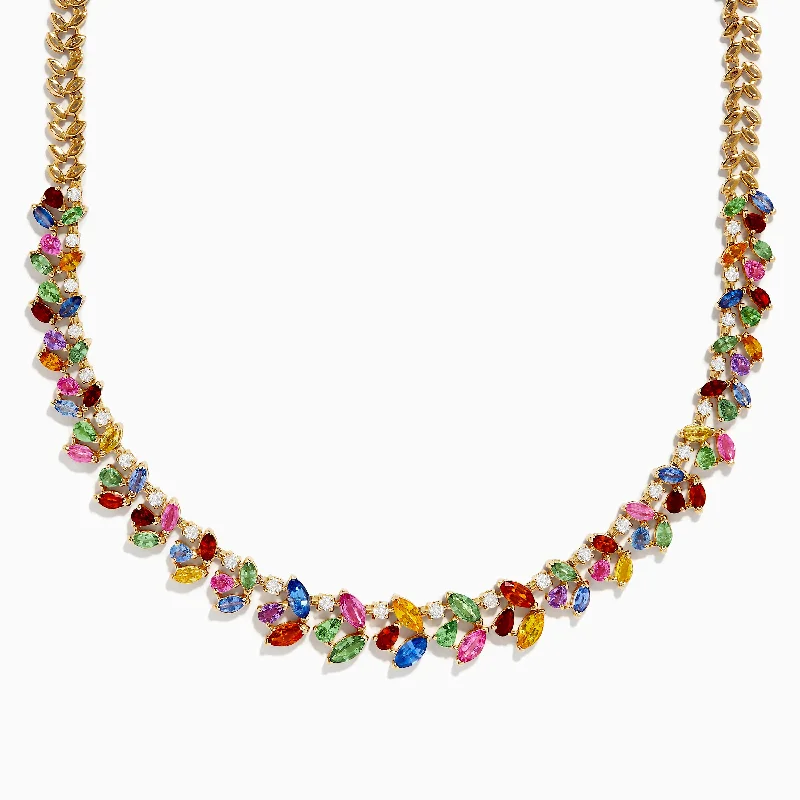 vintage silver necklace-Watercolors 14K Yellow Gold Multi Sapphire and Diamond Necklace