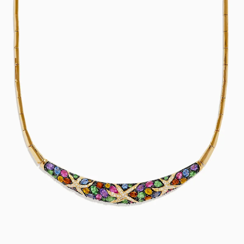 flower pendant necklace-Watercolors 14K Yellow Gold Multi Sapphire and Diamond Necklace