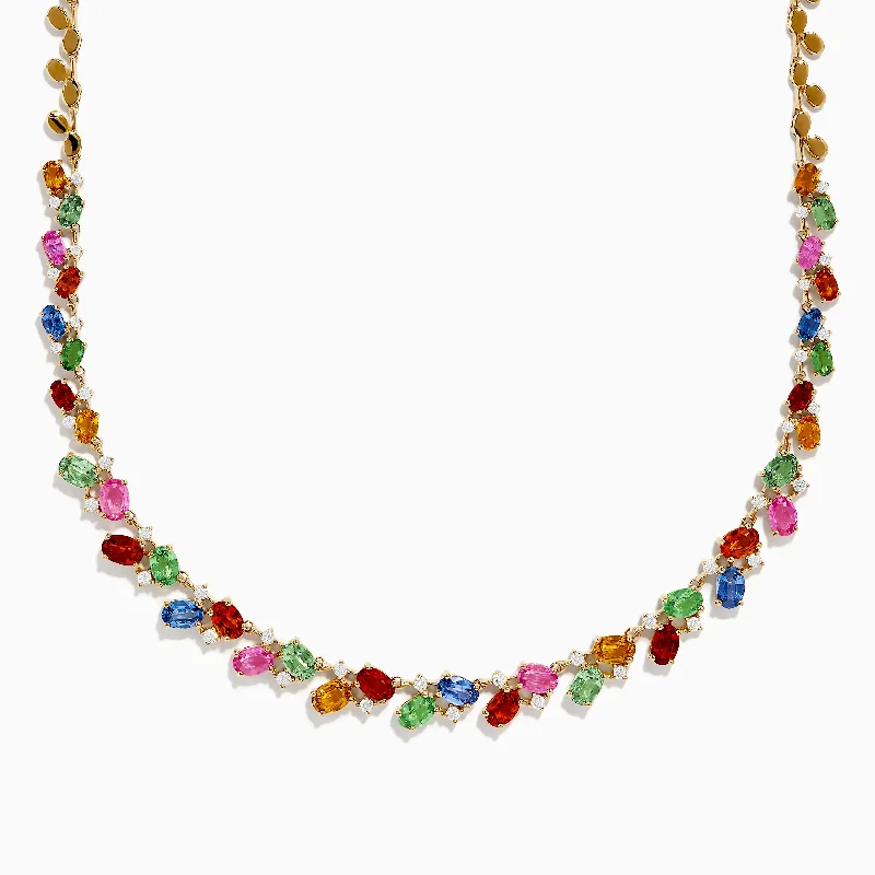 pendant necklace for girls-Watercolors 14K Yellow Gold Multi Sapphire and Diamond Necklace