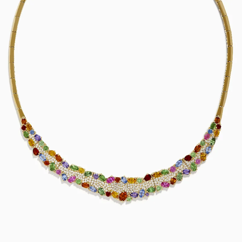 wire-wrapped necklace-Watercolors 14K Yellow Gold Multi Sapphire and Diamond Necklace