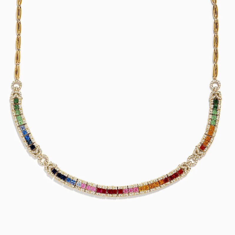 gemstone necklace for women-Watercolors 14K Yellow Gold Multi Sapphire and Diamond Necklace