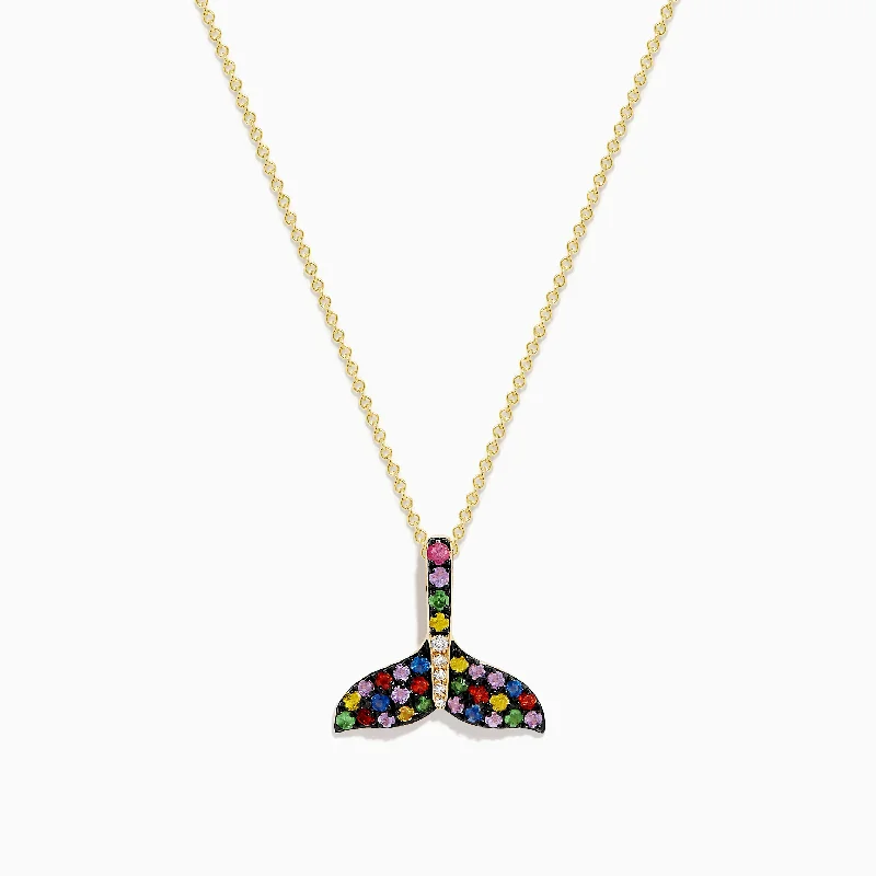 couple’s heart necklace-Watercolors 14K Yellow Gold Multi Sapphire and Diamond Tail Pendant