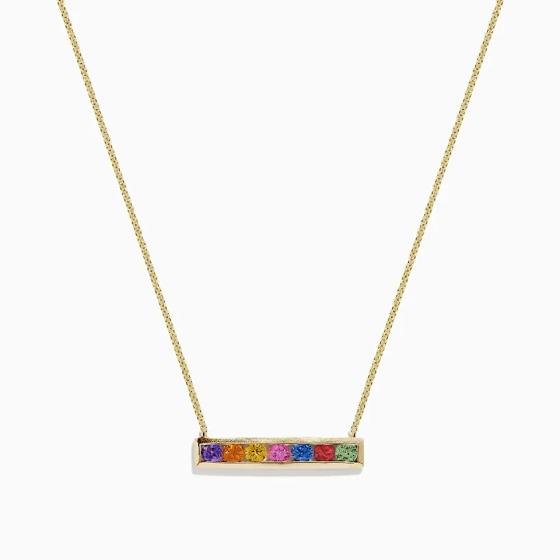 boho necklace for women-Watercolors 14K Yellow Gold Multi Sapphire Bar Necklace, 0.93 TCW