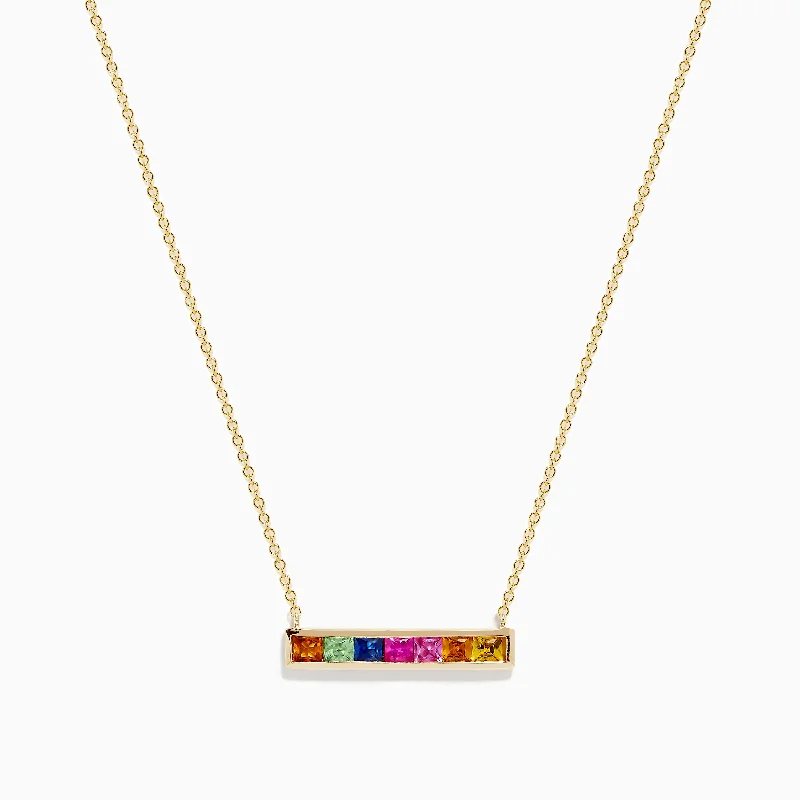 celestial star necklace-Watercolors 14K Yellow Gold Multi Sapphire Bar Necklace