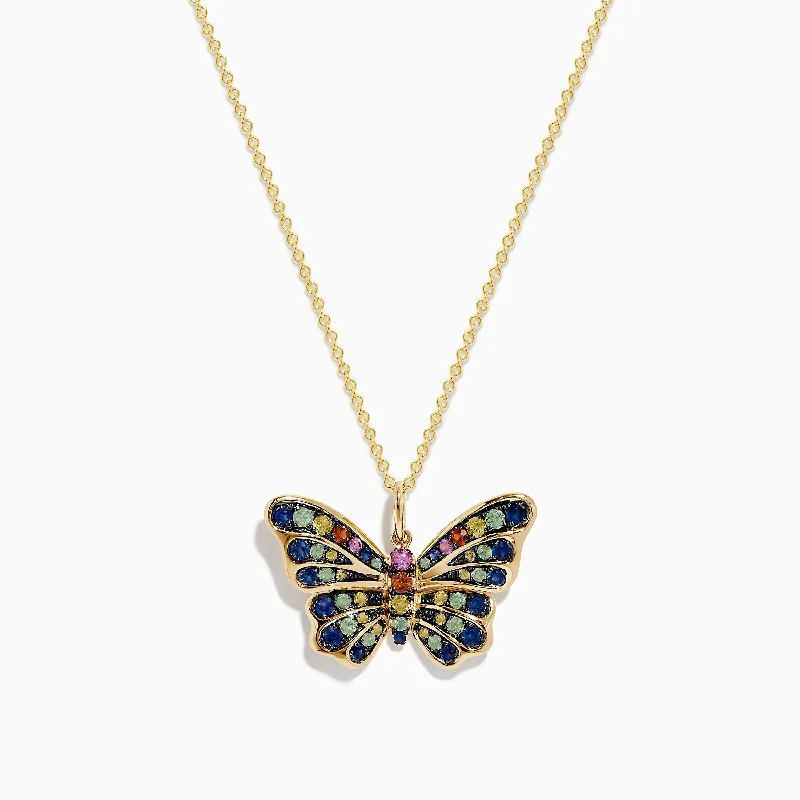 bar pendant necklace-Watercolors 14K Yellow Gold Multi Sapphire Butterfly Pendant