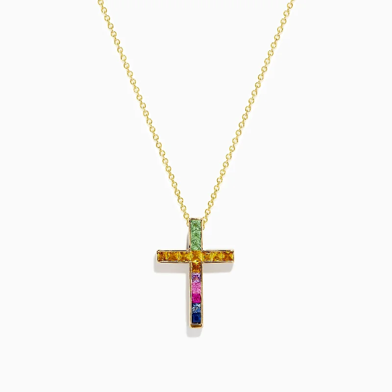 engraved family necklace-Watercolors 14K Yellow Gold Multi Sapphire Cross Pendant