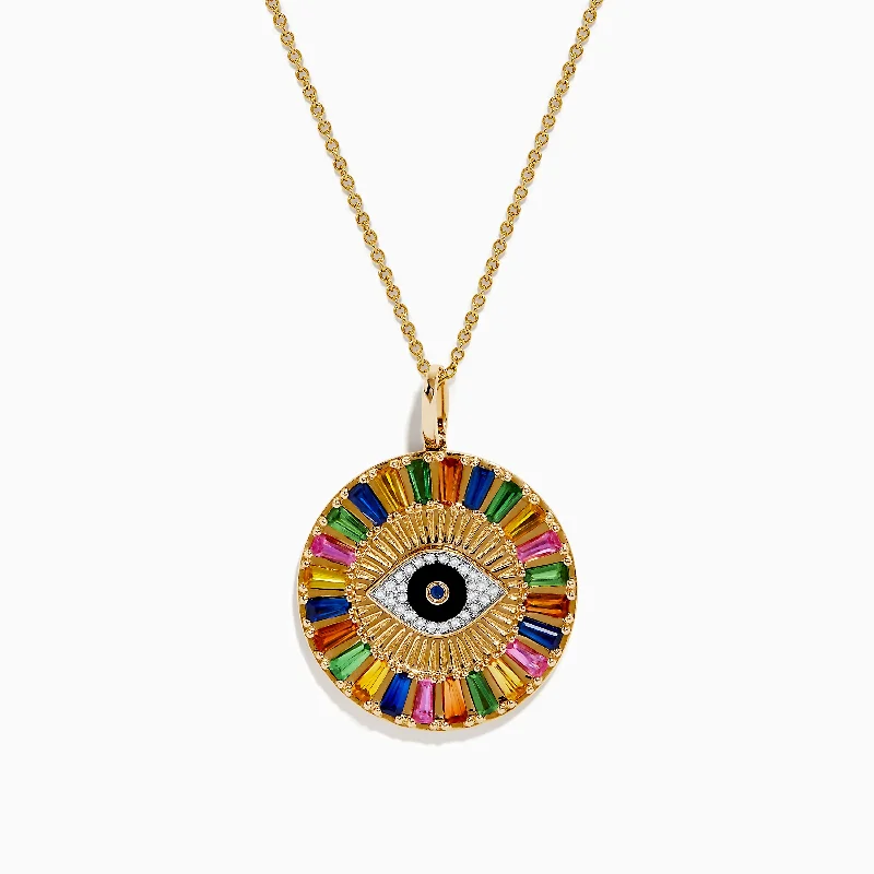 long pendant necklace-Watercolors 14K Yellow Gold Multi Sapphire Evil Eye Pendant