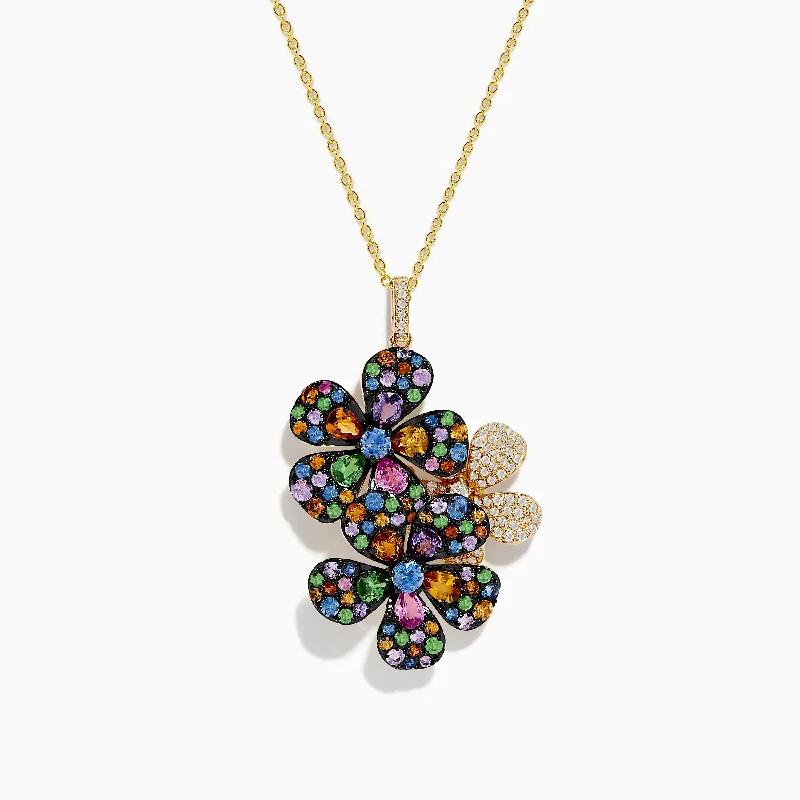 women’s statement necklace-Watercolors 14K Yellow Gold Multi Sapphire Flowers Pendant