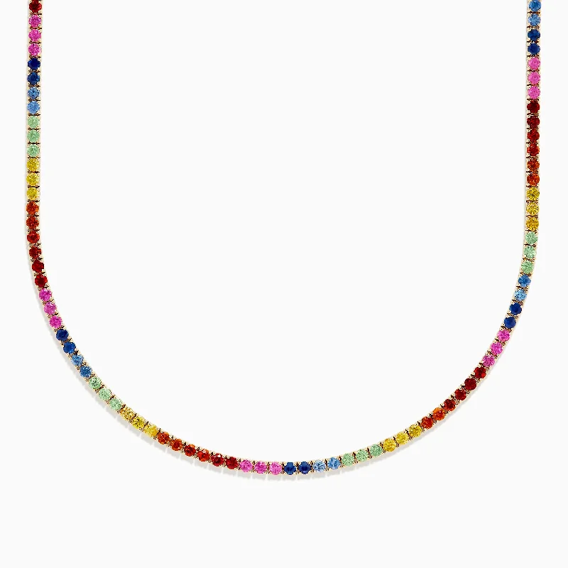 statement necklace for women-Watercolors 14K Yellow Gold Multi Sapphire Tennis Necklace