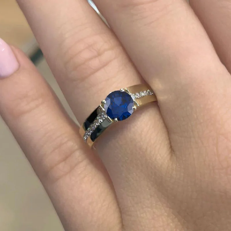 square engagement rings-1.40 Carat Round Shape Wide Band Blue Sapphire Engagement Ring