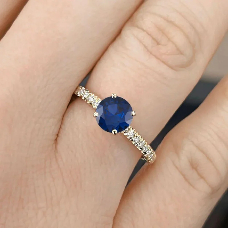 antique wedding rings-1.50 Carat Round Shape Pave Setting Blue Sapphire Engagement Ring