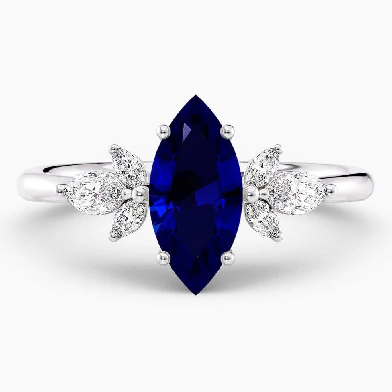 birthstone rings for men-1.60 Carat Marquise Shape Cluster Blue Sapphire Engagement Ring